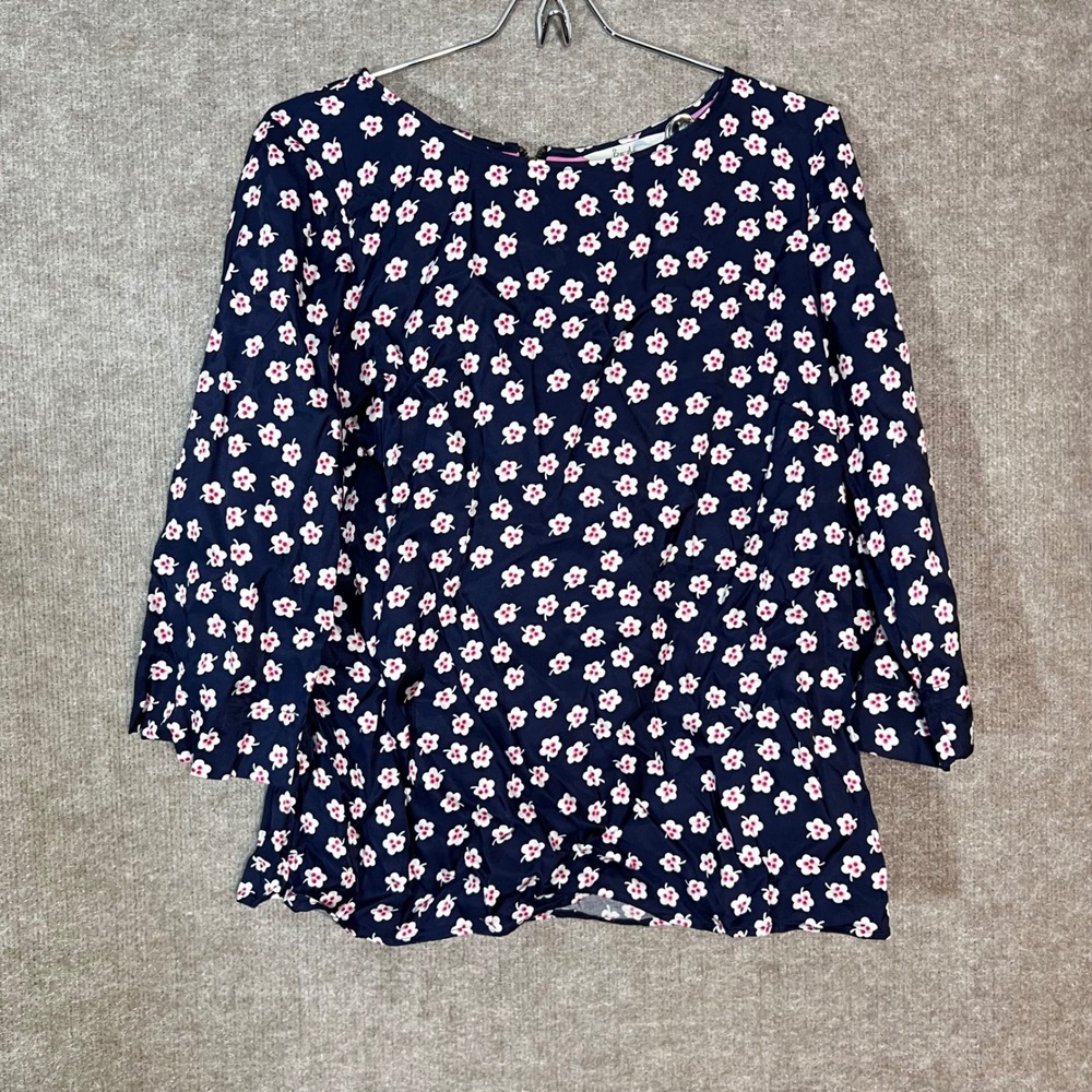 Boden Floral Blouse Womens Size 8 Navy Blue 3/4 Sleeve Viscose Casual Preppy